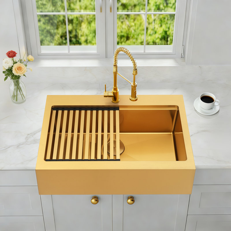   36" L x 22" W Workstation Gold Farmhouse Apron Front Kitchen Sink 16 Gauge Stainless Steel Single Bowl With Accessories
