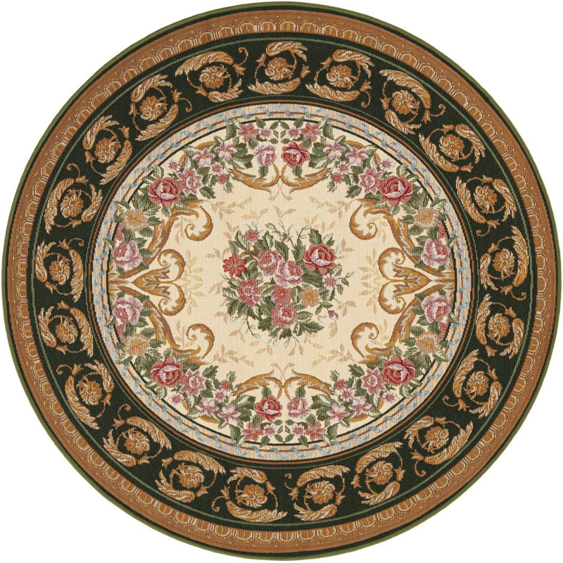 Tapis traditionnel d'extérieur Nil vert et ivoire, Rond 5 pi 1 po