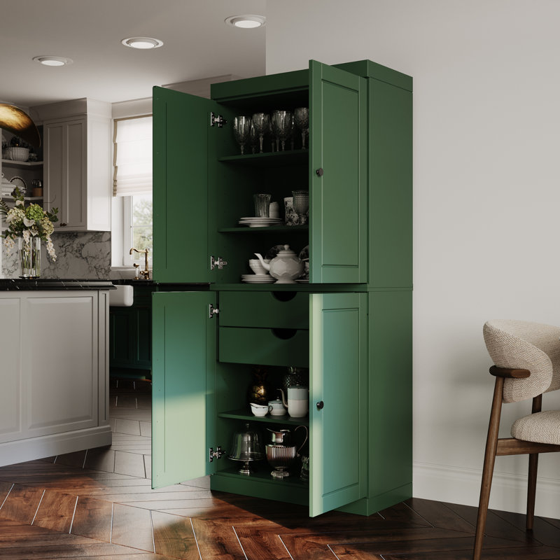 Armoire de cuisine haute 100% en bois massif avec portes et 2 tiroirs Bryani, tablettes réglables, armoire de rangement modulaire, l 32 po x H 71,5 po
