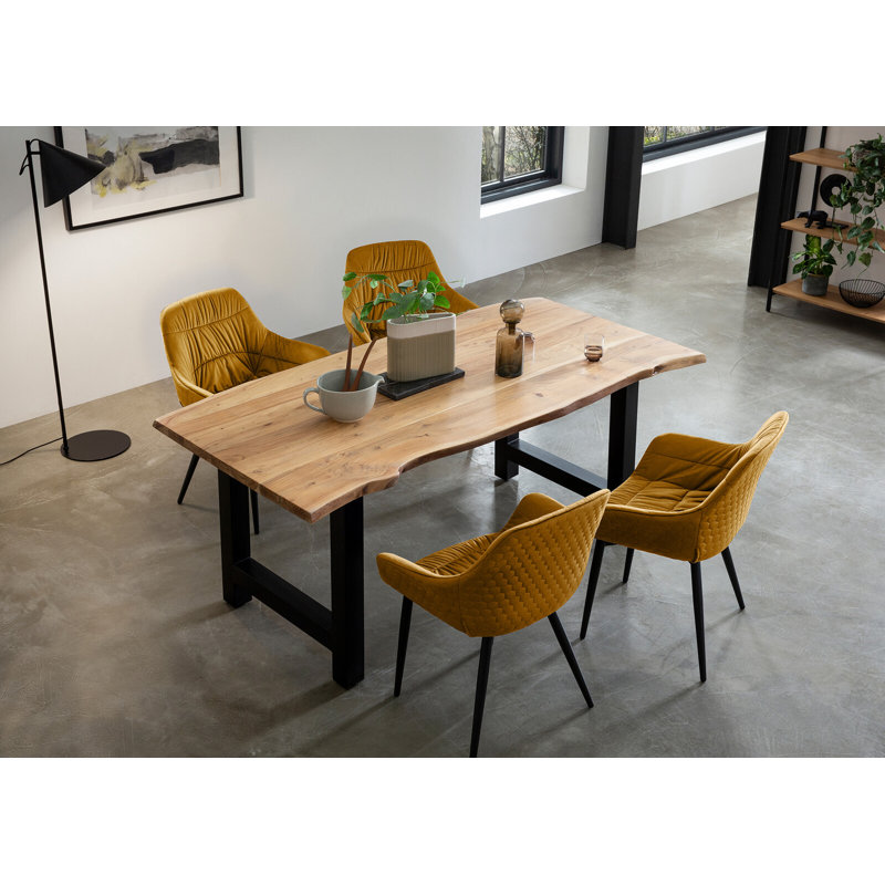 4 - Person Dining Set, 75cm H x 180cm W x 90cm D, Black/Natural/Mustard yellow, Natural/Mustard yellow/Black