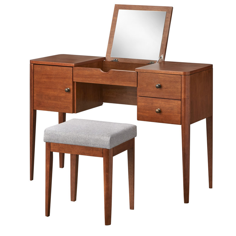 Ensemble de coiffeuse avec tabouret et miroir, Chêne