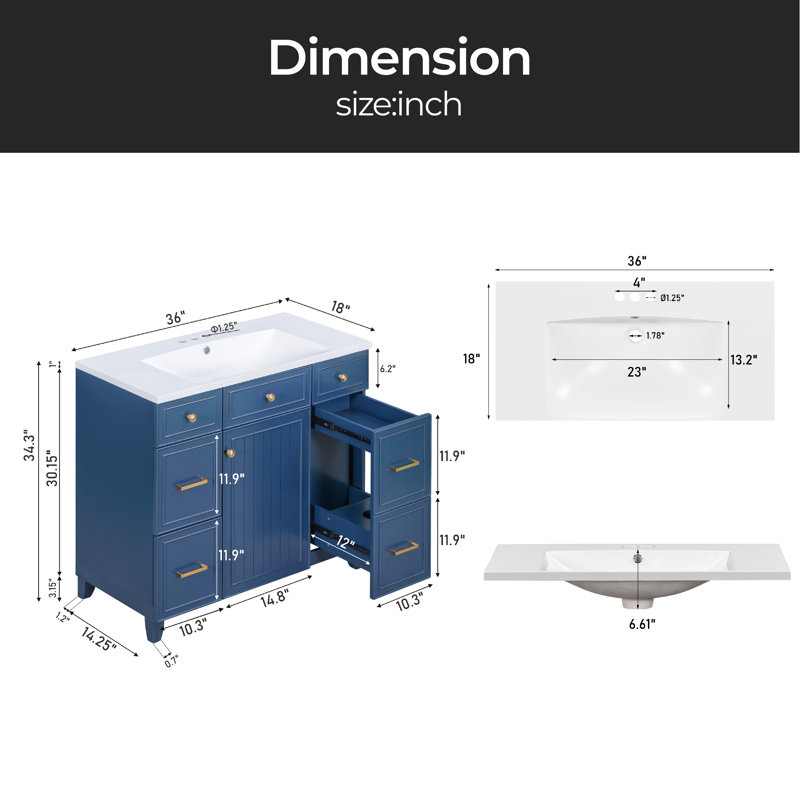 36'' Single Bathroom Vanity with Resin Top, Navy Blue