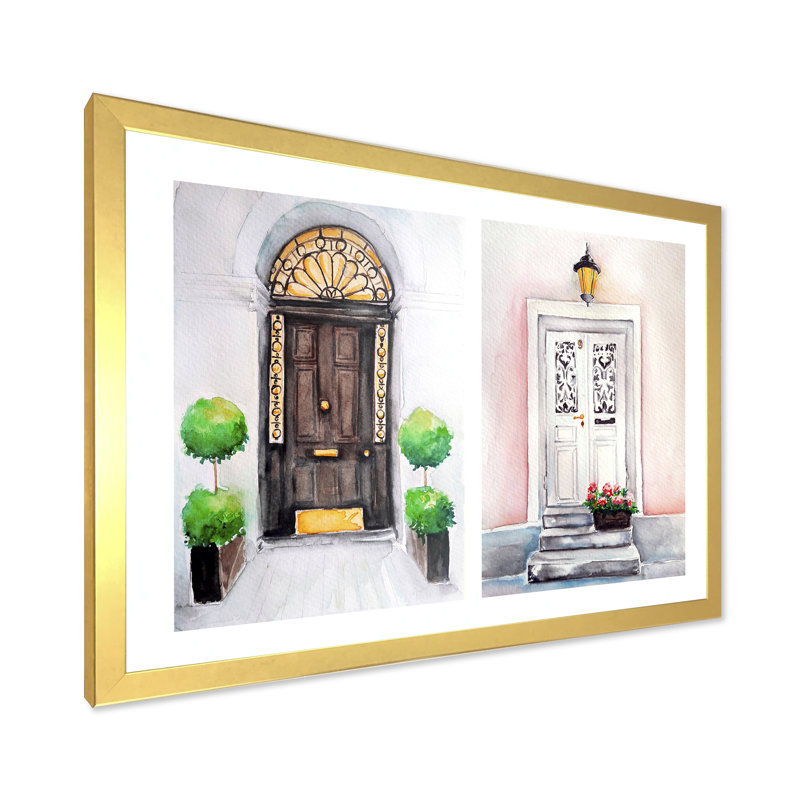 Portes d'entrée noires et blanches rétro - peinture sur toile, H 34 po x l 44 po, Cadre doré
