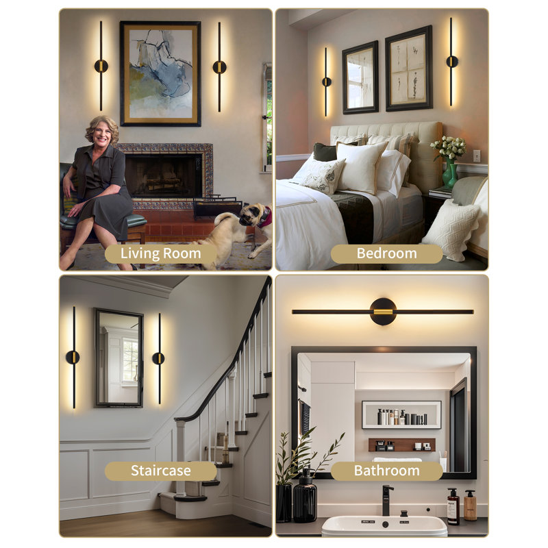 3000K/4500K/6000K Battery Operated Wall Sconces with Remote Control, 24'' Dimmable LED Wall Light, Gold Matte Black
