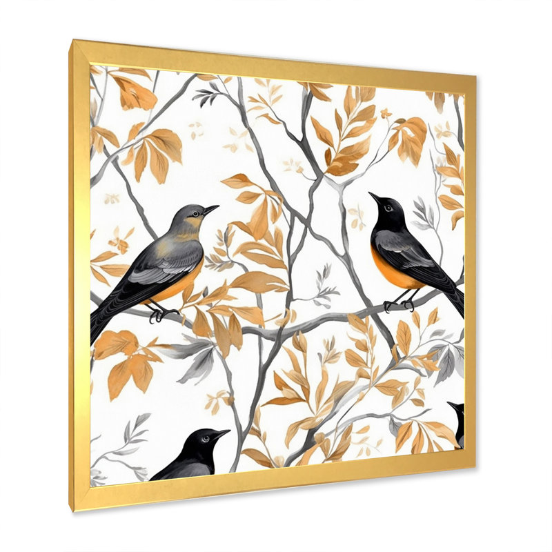Oiseaux bruns noirs sur arbres - reproduction, Cadre doré à une seule photo, H 30 po x l 30 po x P 1 po