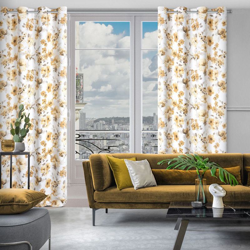 Acy Blackout Curtains Single Panel, White/Yellow