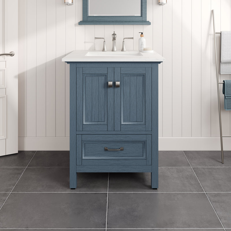 Glebs 24 In. W X 22 In. D Freestanding Bath Vanity In Ash Blue With White Carrara Quartz Top