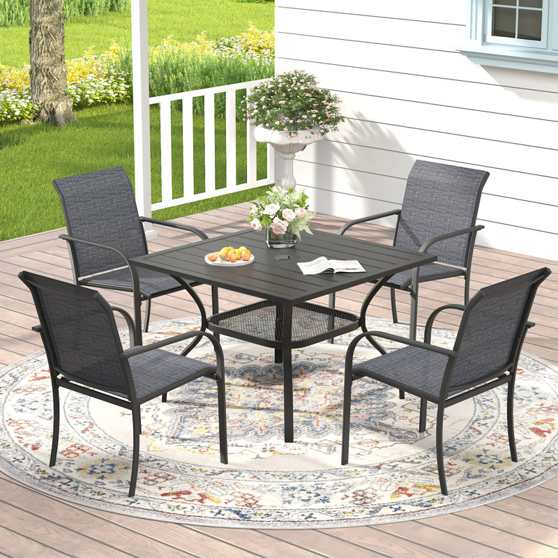 4-Person Patio Dining Set with Square Metal Dining Table and Stackable PVC-coated polyester Armrest Chairs, Black/Grey