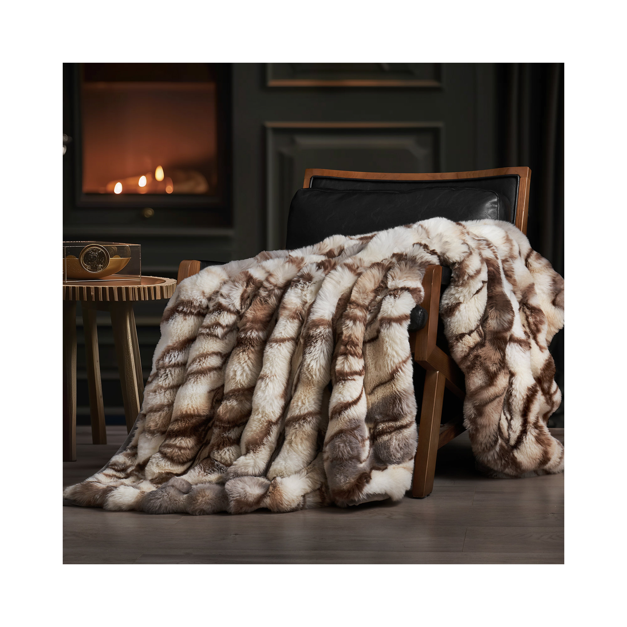 Ridgeline Faux Fur Throw Blanket, 80" L x 60" W, Beige/Gray Marble