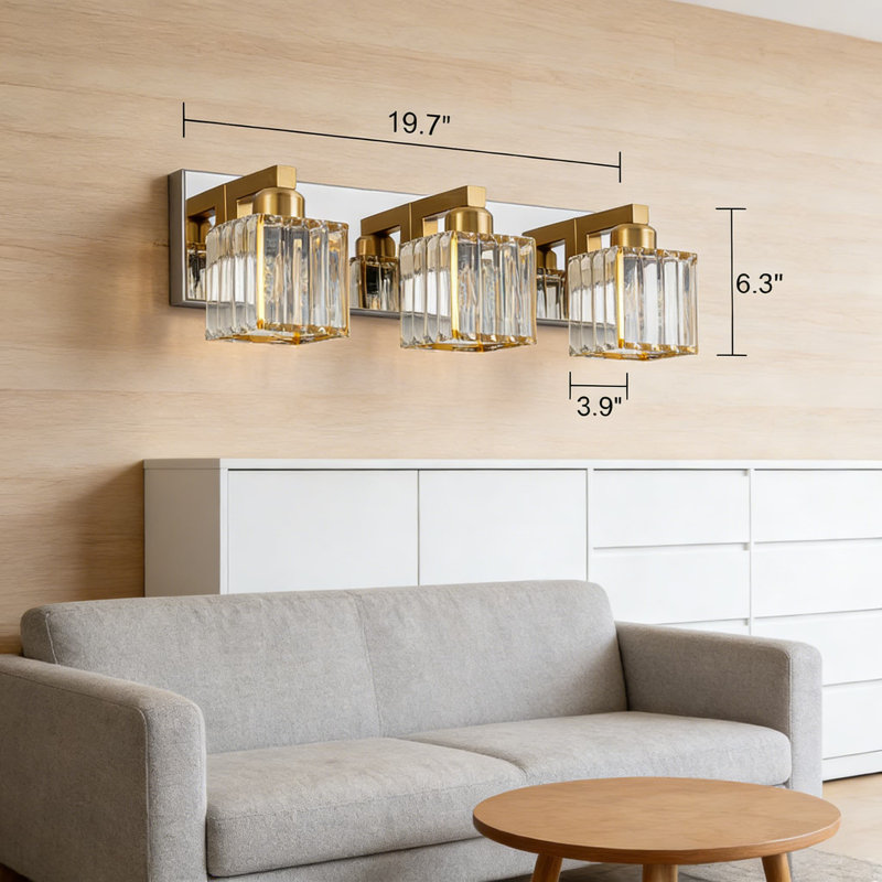 Luminaire de meuble-lavabo moderne à 3 lumières avec abat-jour en cristal, applique murale à intensité variable en chrome doré pour éclairage de miroir et de meuble-lavabo