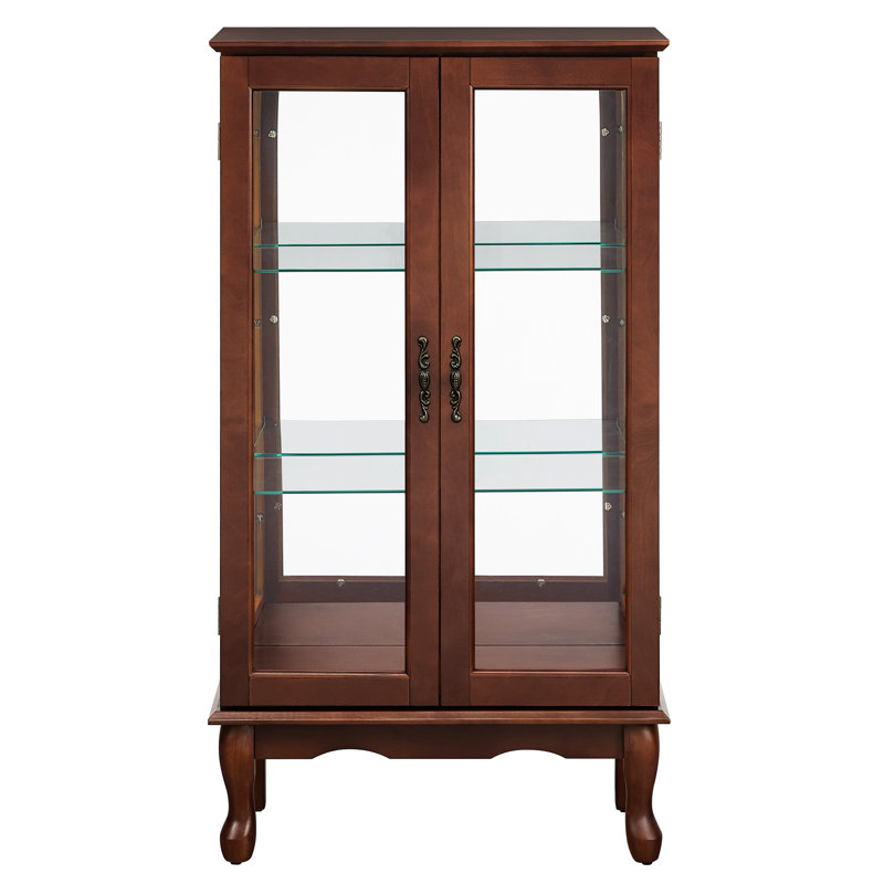 Walnut Curio Cabinet With Adjustable Shelves, Mirrored Back For Exhibits Classic Style And Storage, Walnut