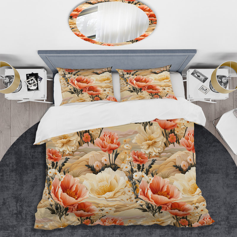Literie Sandy beige pivoines Mirage pêche I, Housse de couette simple + 1 taie décorative stan