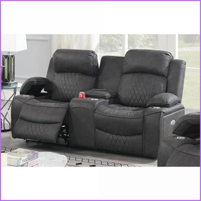 Causeuse contemporaine à mouvement électrique - similicuir gris anthracite 73 po avec accoudoirs de rangement, porte-gobelets et amp; USB | Dossier rembourré