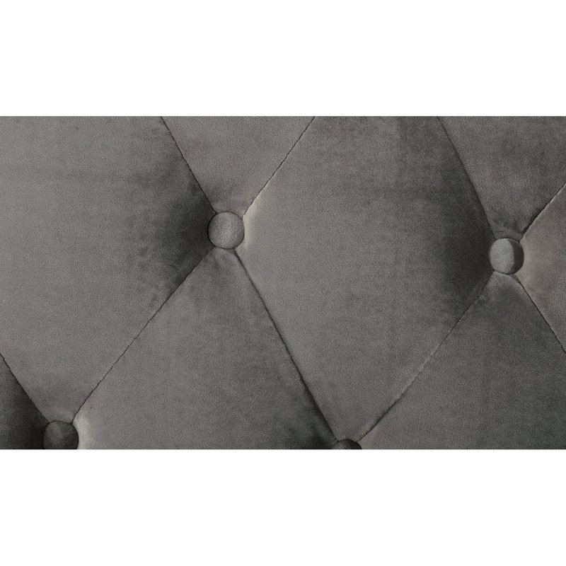 Structure de lit grand gris, design transitionnel, revêtement en velours, bois massif, style à oreilles, tête de lit à boutons, motif à losanges, charmante pièce de chambre à coucher