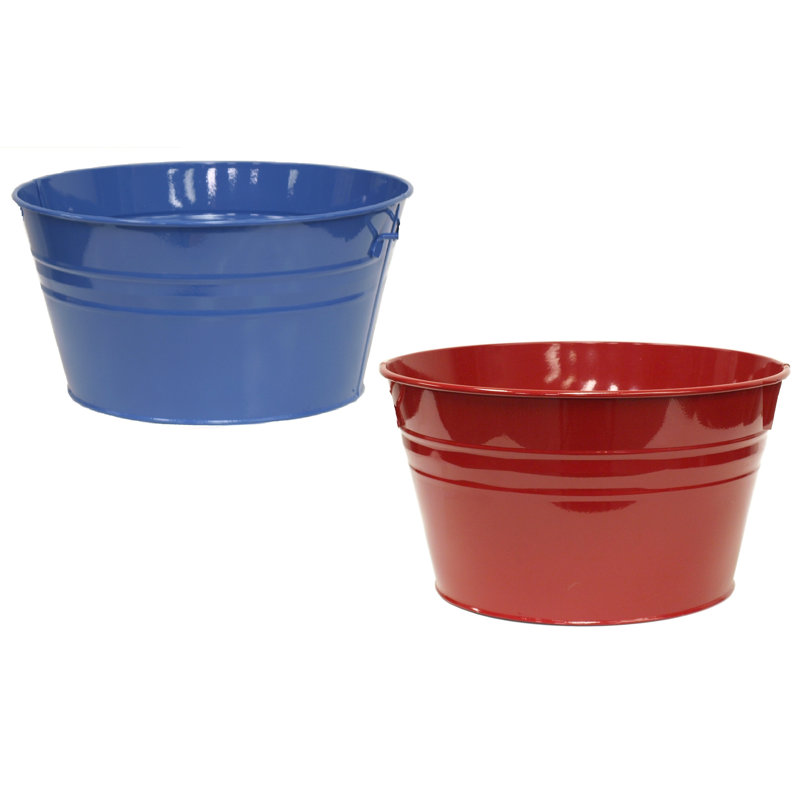 Enameled Galvanized Steel Planter, Set Of Two, Blue/Red
