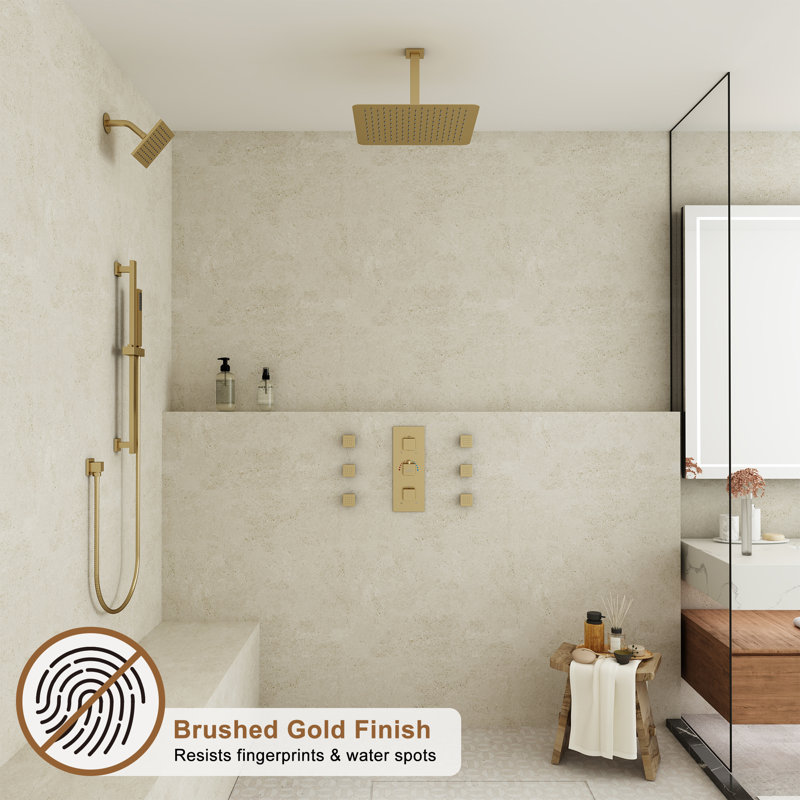Système de douche thermostatique avec pomme de douche pluviale double 16 pouces avec barre coulissante 16 pouces et douchette corporelle Rainfall Symphony