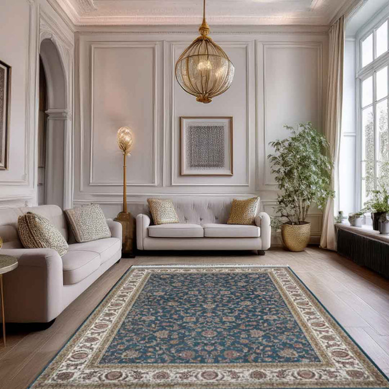 Minyatur Dark Blue & White Medallion Area Rug – Traditional Turkish Carpet, 100% Viscose, Low-Pile Flatwoven Design