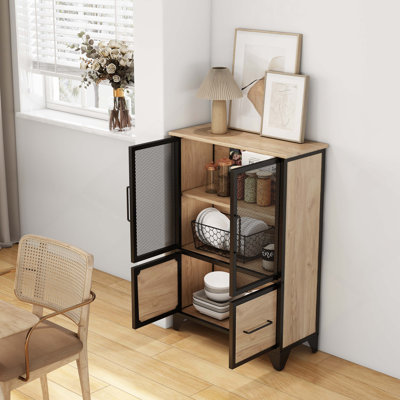 Armoire de rangement avec 4 portes en fer, poignée en métal noir, buffet avec tablette réglable, cadre en métal robuste noir et pieds en métal, facile à assembler, pour le salon, la cuisine