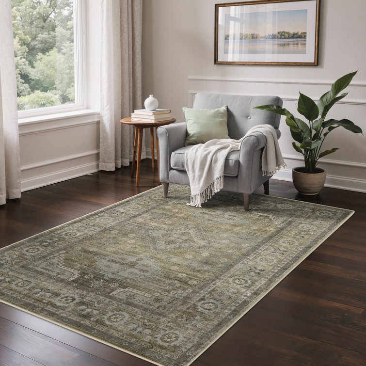 Oriental Machine Washable Sage/Gray Area Rug with Non-Slip Backing