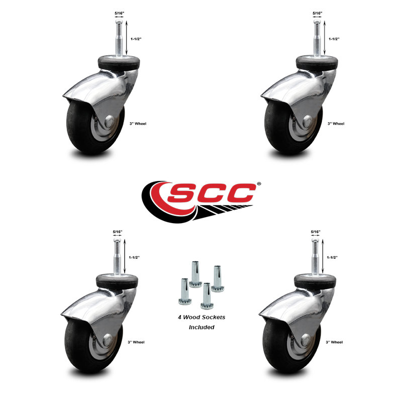 3 Inch Chrome Hooded Neoprene Rubber 5/16 Inch Grip Neck Stem Casters Set of 4