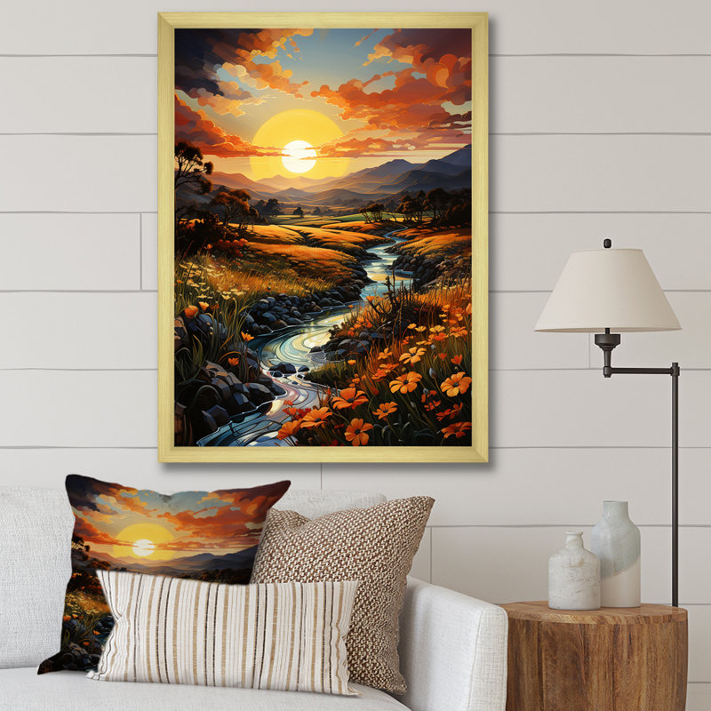 «Meadow Stream at Sunrise» - reproduction, H 20 po x l 12 po x P 1 po, Cadre doré simple