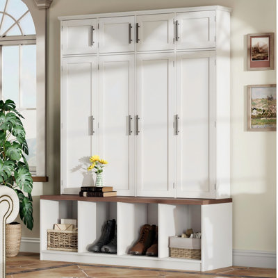 Farmhouse Entryway Bench With Shoe Storage, 8 Cabinet Doors And Hidden Hooks