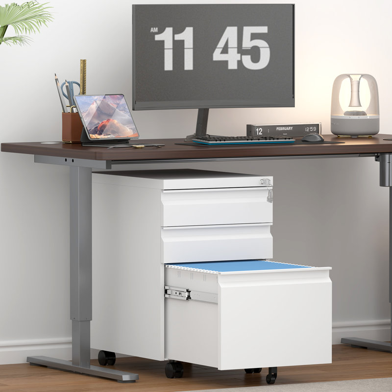 3 Drawer File Cabinet On Wheels,25.6" H White Filing Cabinet With Lock,Under Desk Metal File Cabinet For Home Office Organizer Letters/Legal/A4(Fully Assembled)