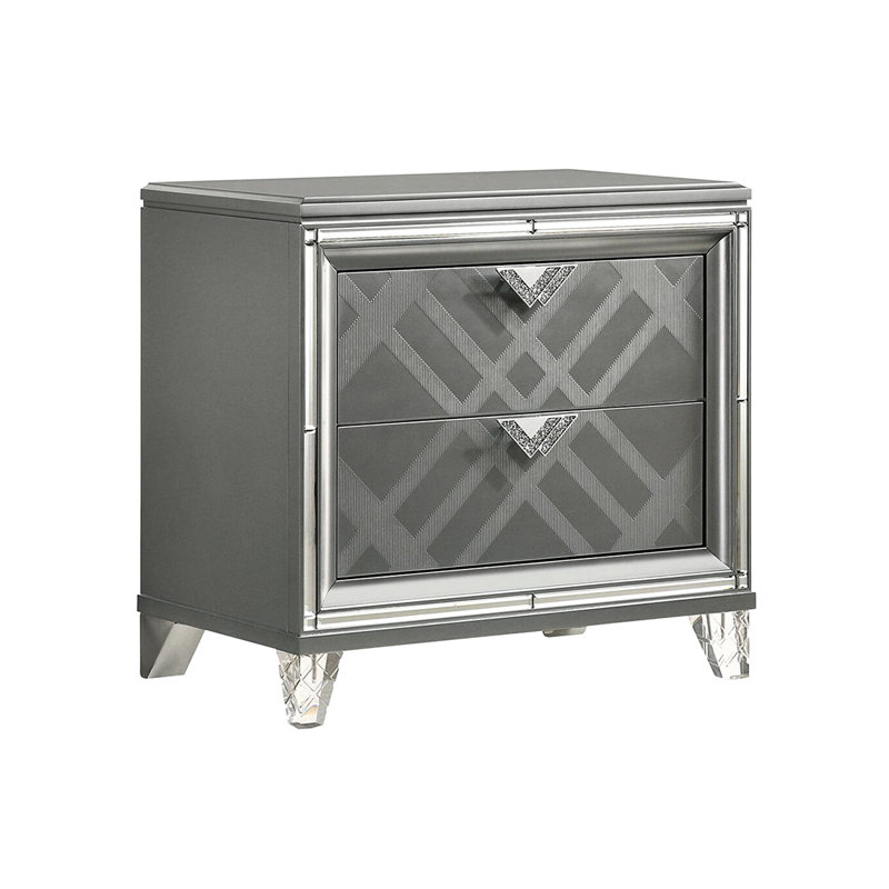Table de chevet 2 tiroirs avec garniture miroir argentée - chargeurs, motif artistique, poignées en faux diamant pour décor de chambre à coucher 2