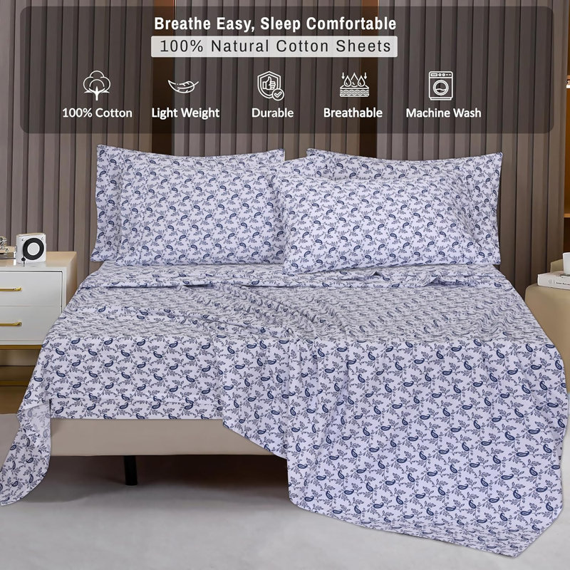Ensemble de draps en coton 6 pièces RUVANTI, Décoration cachemire, Ensemble de draps pour très grand lit divisé ave