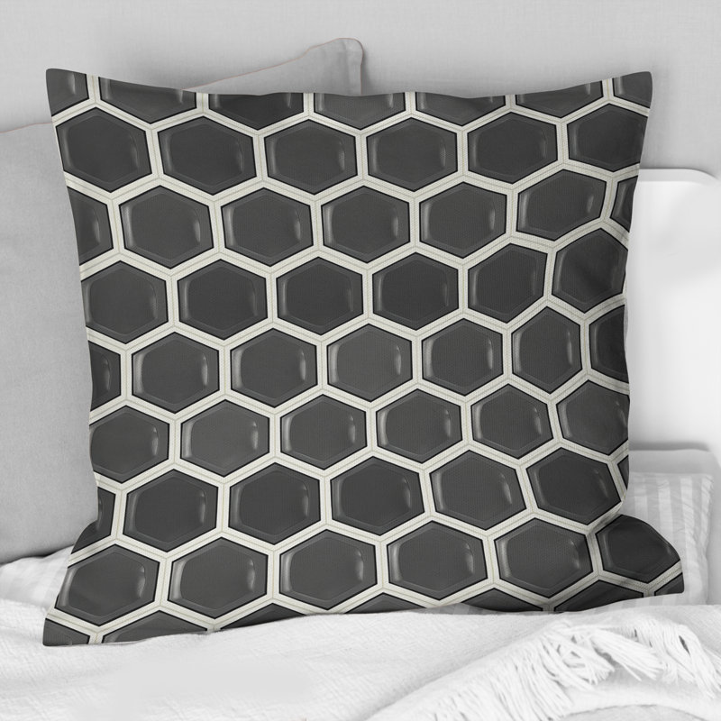 Coussin décoratif gris et blanc Hexagon II - Mid-Century, H 18 po x l 18 po