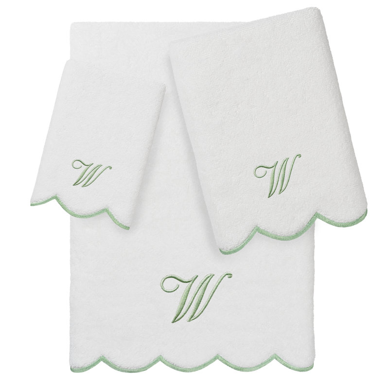 Ensemble de serviettes personnalisées 100% coton ADORNIA, W, Blanc/vert, Ensemble 3 serviettes de bain