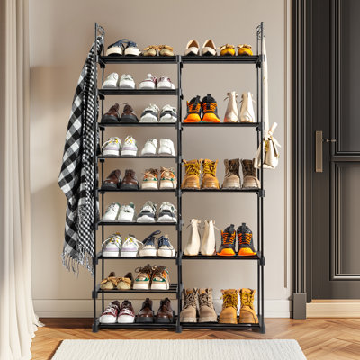 Double Row 9 Layer Shoe Rack With Handle Non Woven Fabric Iron Pipes PP Mats Plastic 33.74X11.73X62.20In 