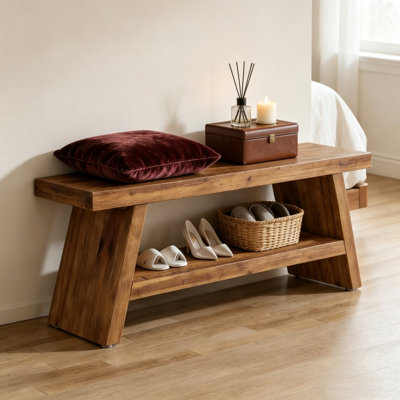2‑Tier Wooden Entryway Shoe Bench, Rectangular Bed Bench, Storage Bench for Hallway, Bedroom & Living Room