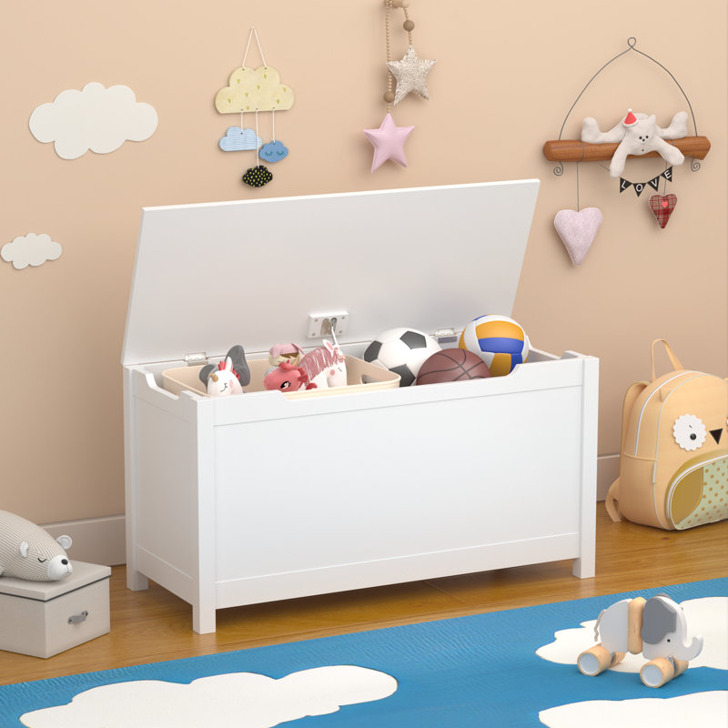 Kids Wooden Storage Toy Box with Safety Hinge Lid, Suitable for Ages 2+, White