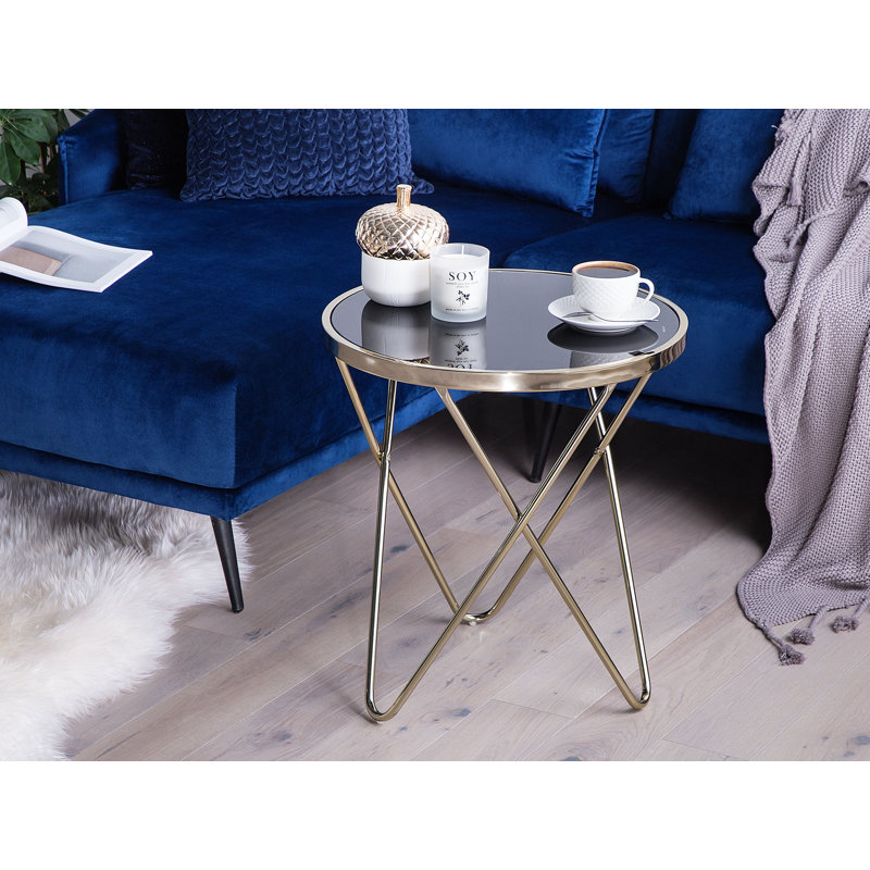 Abygayle Glass Top Cross Legs End Table, Gold, Black
