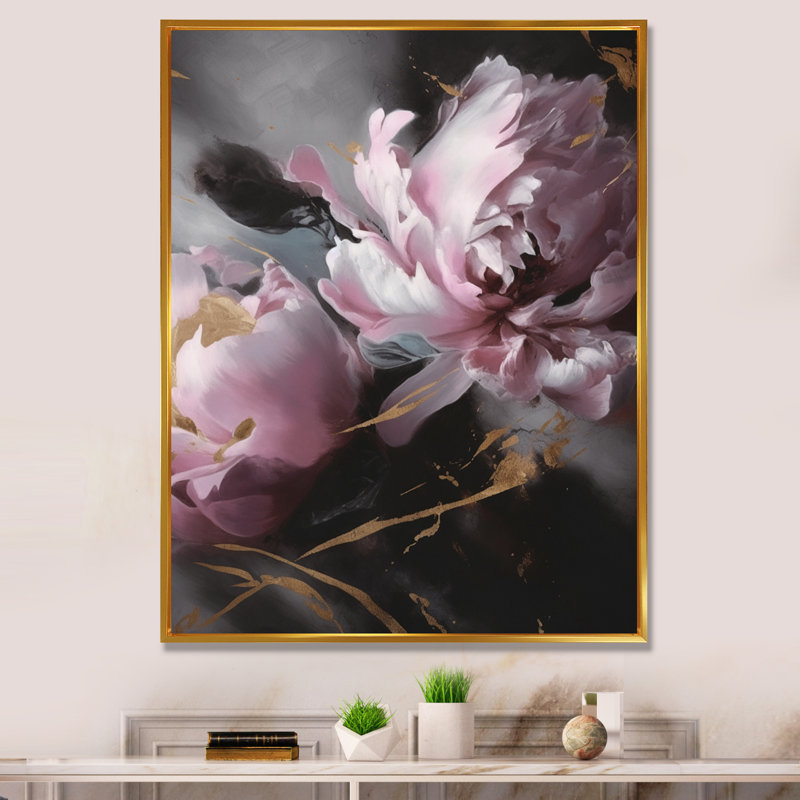 Harmonieux rose gris pivoine I - impressions d'art pivoines florales, L 34 po x H 44 po, Cadre flottant doré