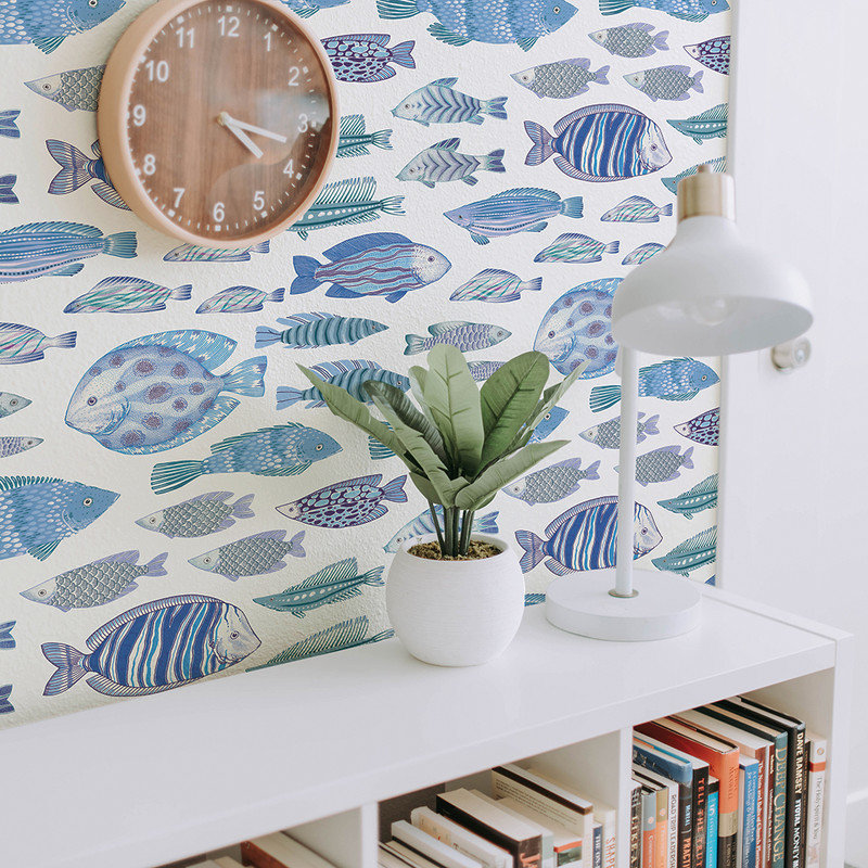 Papier peint marin à peler et coller, Turquoise et blanc