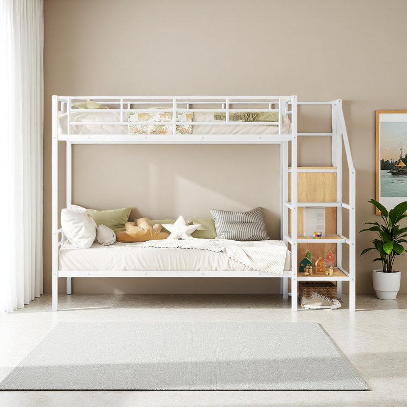 Lit superposé en métal avec échelle de rangement latérale et garde-robe, Lit simple, Blanc