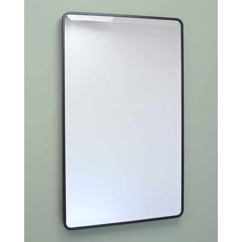 Austin Farmhouse Metal Framed Rounded Rectangle Recessed Bathroom Medicine Cabinet, Beveled Mirror, in-Wall Opening, Powder-coated Steel, Adjustable Glass Shelves, Magnet Close