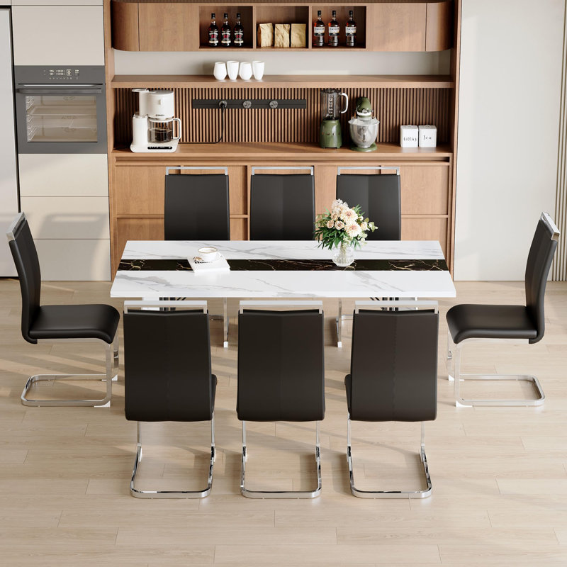 Ensemble de table de salle à manger 9 pièces comprenant un plateau et des pieds de soutien profilés. La table de salle à manger 70,9 "rectangulaire pour 70 personnes offre stabilité, confort et style.