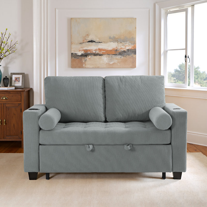 Upholstered Tufted Convertible Pull-Out Sleeper Sofa Bed - Adjustable Backrest With 2 Soft Pillows, Grey