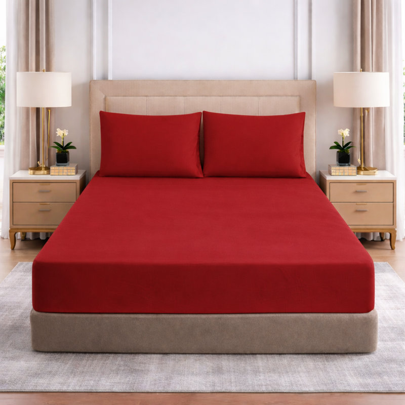 25cm Deep Pocket Fitted Sheet - Soft Microfiber Elasticated Bed Sheet Bottom, Double (4'6), Red