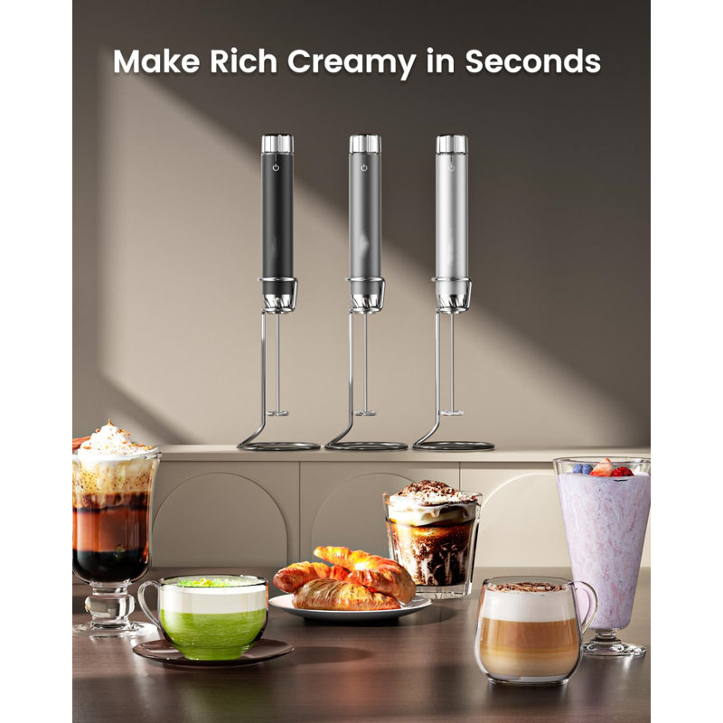 Black Aluminum Rechargeable Handheld Milk Frother with Stainless Steel Stand