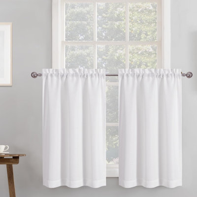 2 Panels White Kitchen Curtains 36 Inch Length Tier Curtain Faux Linen Textured, Small Cafe Curtain, Light Filtering, Short Window Curtains