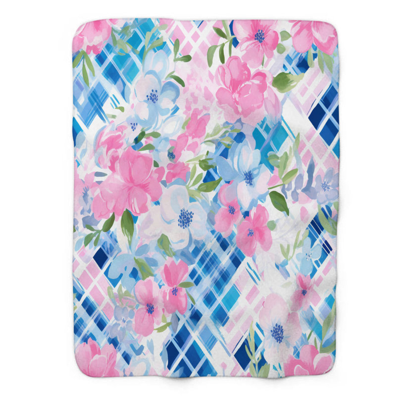 Damier aquarelle florale - couverture sherpa de qualité supérieure 1 pièce, L 50 po x L 60 po