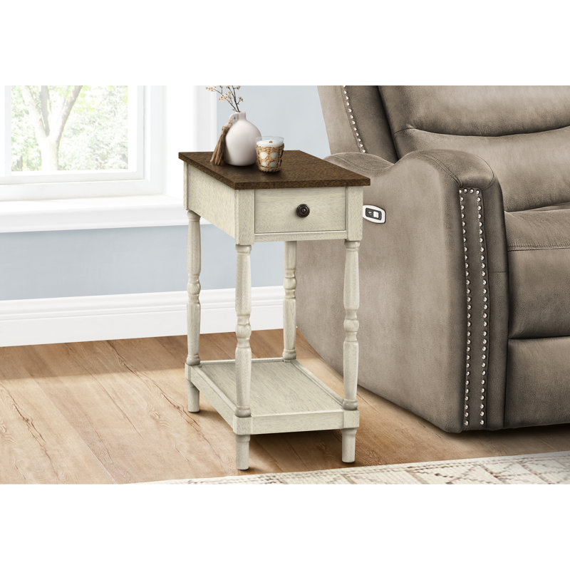 Table de bout traditionnelle avec tablette à 2 niveaux en placage brun et blanc 11,6 po Rangement profond antique
