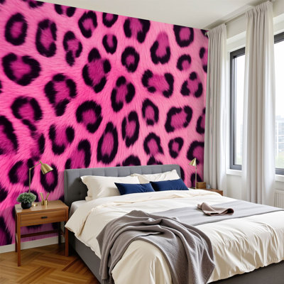 Peel and Stick Wallpaper 144" W x 100" H Modern Self Adhesive Wall Mural for Bedroom Bold Pink Leopard Print Black Spots