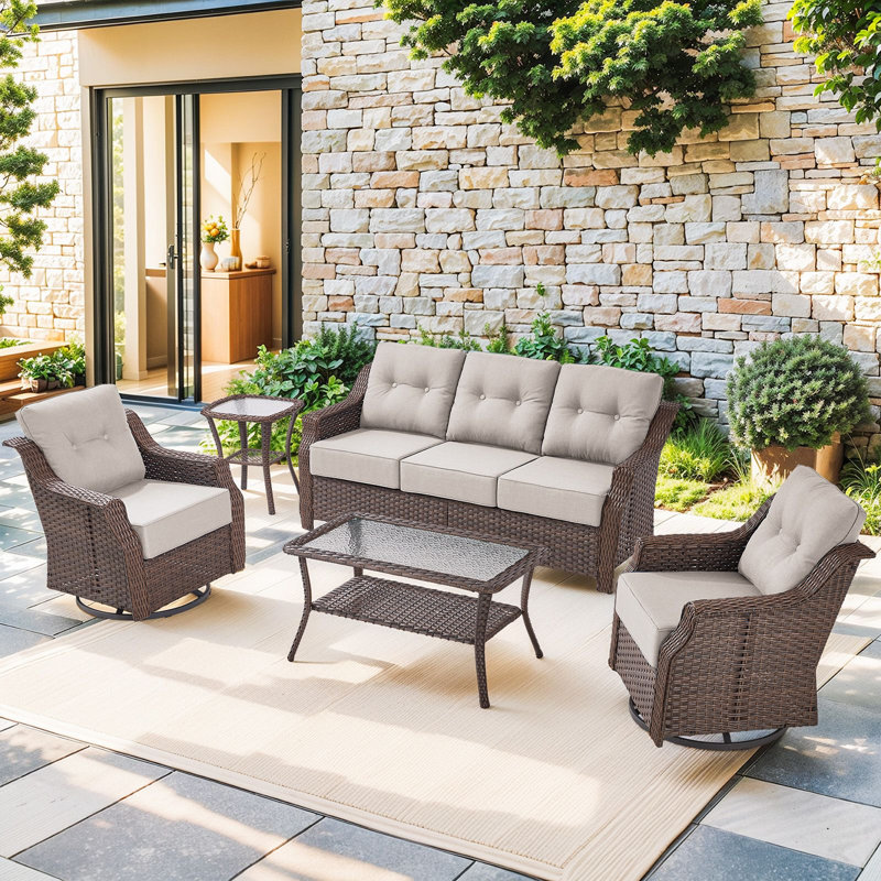 Elona 5-Person Outdoor PE Wicker Patio Conversation Set With 6" Thickness Cushions And Coffee Table, Beige