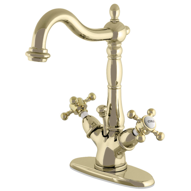 Kingston Brass Vintage Two-Handle 1-or-3 Hole Deck Mount Bathroom Faucet with Brass Pop-Up, Polished Brass