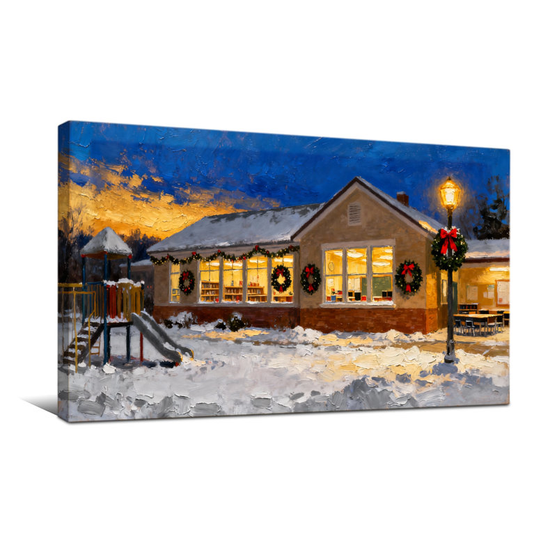 «Christmas Winter Schoolhouse Christmas Scene», reproduction sur toile, H 24 po x l 48 po